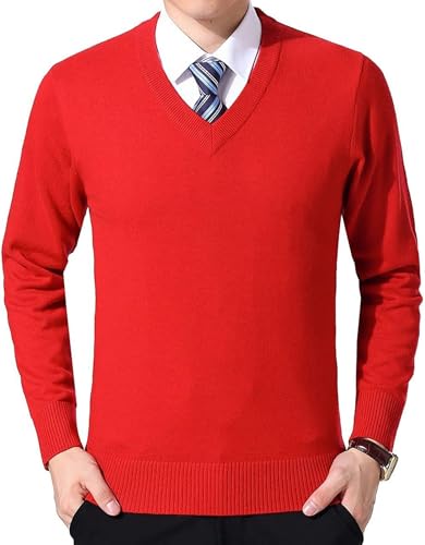 FULIER Herren V-Ausschnitt Pullover Kaschmir Gestrickt Pullunder Casual Langarm Strickjacken Basic Sweatshirt Winter Pullover (Rot,L) von FULIER