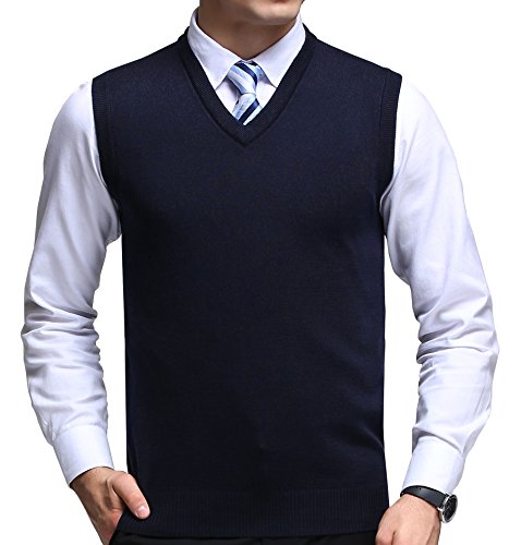 FULIER Herren Winter V-Ausschnitt Sleeveless Weste Klassische Business Gentleman Strickwaren Strick Weste Pullover Cardigans Tank Tops (L, Marine) von FULIER