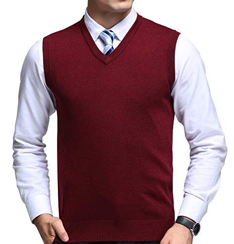 FULIER Herren Winter V-Ausschnitt Sleeveless Weste Klassische Business Gentleman Strickwaren Strick Weste Pullover Cardigans Tank Tops (L, Rot) von FULIER