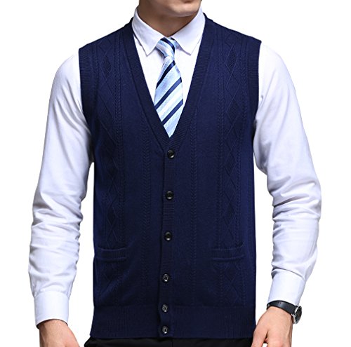 FULIER Herren Winter Wolle V-Ausschnitt Gilet Sleeveless Weste Beiläufige Gentleman Strickwaren Strickjacken Strickpullover Tank Tops Kleid Tasten Design (M, Marine) von FULIER