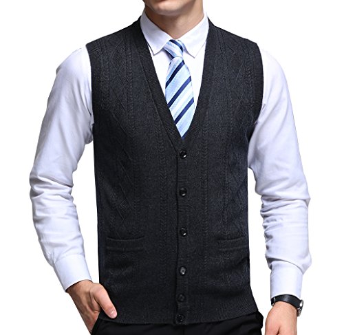 FULIER Herren Winter Wolle V-Ausschnitt Gilet Sleeveless Weste Beiläufige Gentleman Strickwaren Strickjacken Strickpullover Tank Tops Kleid Tasten Design (S, Dunkelgrau) von FULIER