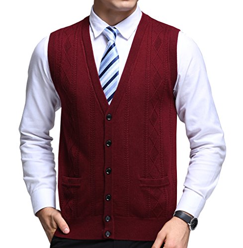 FULIER Herren Winter Wolle V-Ausschnitt Gilet Sleeveless Weste Beiläufige Gentleman Strickwaren Strickjacken Strickpullover Tank Tops Kleid Tasten Design (S, Rot) von FULIER