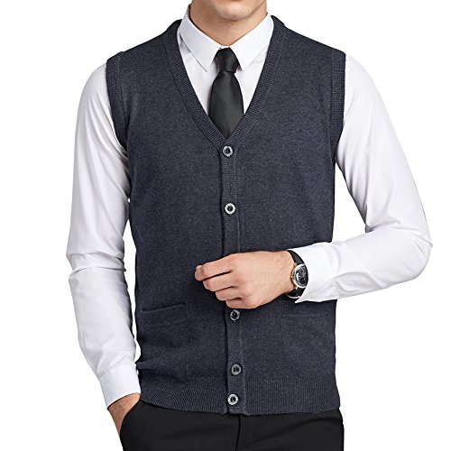 FULIER Herren Wolle V-Ausschnitt Gilet Sleeveless Weste Klassische Gentleman Strickwaren Strickjacken Strickpullover Tank Tops Mit Knöpfen (S, Dunkelgrau) von FULIER