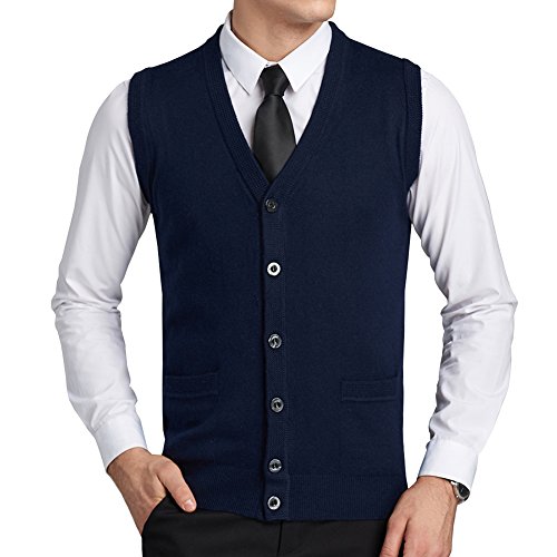 FULIER Herren Wolle V-Ausschnitt Gilet Sleeveless Weste Klassische Gentleman Strickwaren Strickjacken Strickpullover Tank Tops Mit Knöpfen (XL, Marine) von FULIER