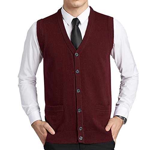 FULIER Herren Wolle V-Ausschnitt Gilet Sleeveless Weste Klassische Gentleman Strickwaren Strickjacken Strickpullover Tank Tops Mit Knöpfen (XL, Rot) von FULIER