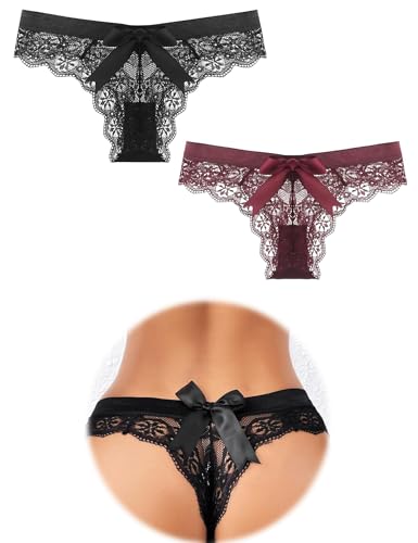 Damen Sexy Spitze Höschen Schleife Tangas Damen Plus Size Unterwäsche Frech Tanga Niedrige Leibhöhe Blumen Spitze Höschen Durchsichtig Hipster Bikini Slip Atmungsaktiver G-String Schwarz Rot 2er Pack Damen Sexy Spitze Höschen Schleife Tangas Damen Plus Size Unterwäsche Frech Tanga Niedrige Leibhöhe Blumen Spitze Höschen Durchsichtig Hipster Bikini Slip Atmungsaktiver G-String Schwarz Rot 2er Pack von FULLJOYLOVE