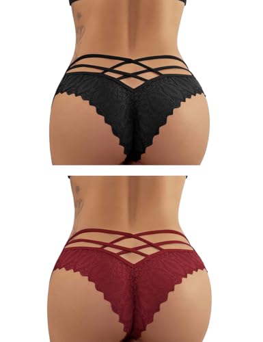 FULLJOYLOVE Sexy String Tanga Damen Spitzenstrings für Frauen Große Größen Freche Tangas Schlüpfer Damen Frech Tangas Sexy Gekreuztes Rückendesign Dehnbare Niedrige Taille Slip Schwarz,Rot(2er Pack) von FULLJOYLOVE