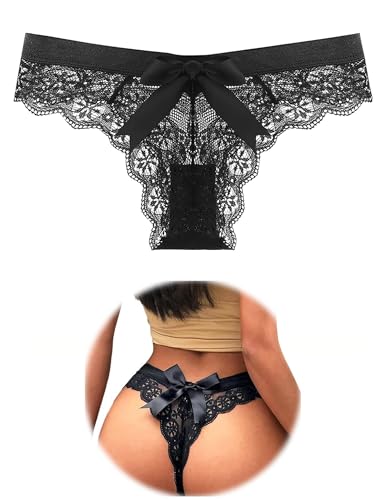 FULLJOYLOVE Spitze G-String Tangas für Frauen Schleife Höschen Nahtlose sexy Blumenunterwäsche Atmungsaktiver T-Rücken Tangas Niedrige Taille Plus Size Slips von FULLJOYLOVE
