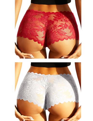 FULLJOYLOVE Spitzenstrings für Frauen Große Größen Freche Tangas Schlüpfer Damen Spitzenunterwäsche Sexy Dehnbare Hohle Höschen Slip Rot Weiß 2er Pack von FULLJOYLOVE