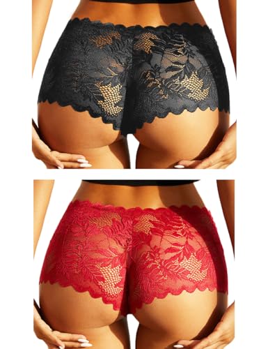 FULLJOYLOVE Spitzenstrings für Frauen Große Größen Freche Tangas Schlüpfer Damen Spitzenunterwäsche Sexy Dehnbare Hohle Höschen Slip Schwarz Rot 2er Pack von FULLJOYLOVE