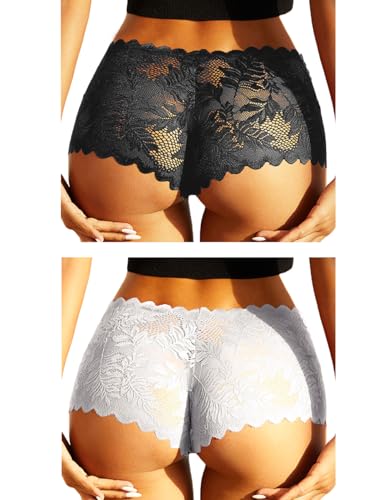 FULLJOYLOVE Spitzenstrings für Frauen Große Größen Freche Tangas Schlüpfer Damen Spitzenunterwäsche Sexy Dehnbare Hohle Höschen Slip Schwarz Weiß 2er Pack von FULLJOYLOVE