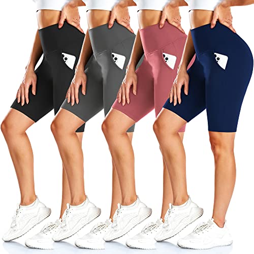 FULLSOFT 4er Pack Bikershorts für Damen mit Taschen - 20,3 cm hohe Taille Bauchkontrolle Workout Gym Yoga Laufen Kurze Hose von FULLSOFT