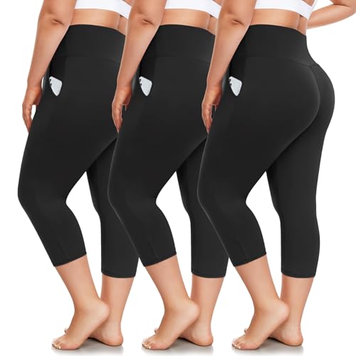 FULLSOFT Capri-Leggings in Übergröße mit Taschen für Damen, hohe Taille, dehnbar, 1 x 4 x Workout, Yogahose, 3er-Pack von FULLSOFT