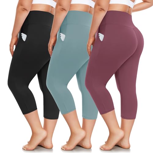 FULLSOFT Capri-Leggings in Übergröße mit Taschen für Damen, hohe Taille, dehnbar, 1 x 4 x Workout, Yogahose, 3er-Pack von FULLSOFT