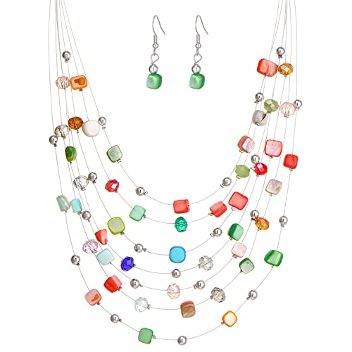 FULU AUTUMN Boho Mehrschichtige Perlenkette Damen Perlen Statement Kette und Ohrringe Set Modeschmuck für Mütter Frau Oma Mode Geschenke(Colorfol) von FULU AUTUMN