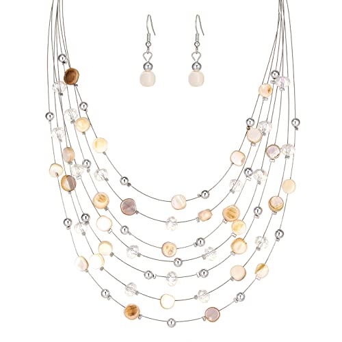 FULU AUTUMN Boho Mehrschichtige Perlenkette Damen Perlen Statement Kette und Ohrringe Set Modeschmuck für Mütter Frau Oma Mode Geschenke(Natural) von FULU AUTUMN