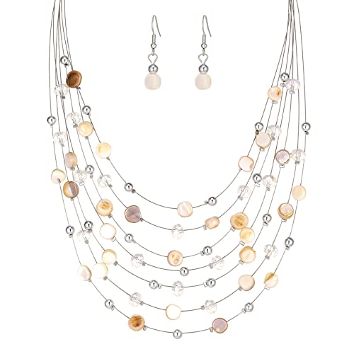 FULU AUTUMN Boho Mehrschichtige Perlenkette Damen Perlen Statement Kette und Ohrringe Set Modeschmuck für Mütter Frau Oma Mode Geschenke(Natural) von FULU AUTUMN