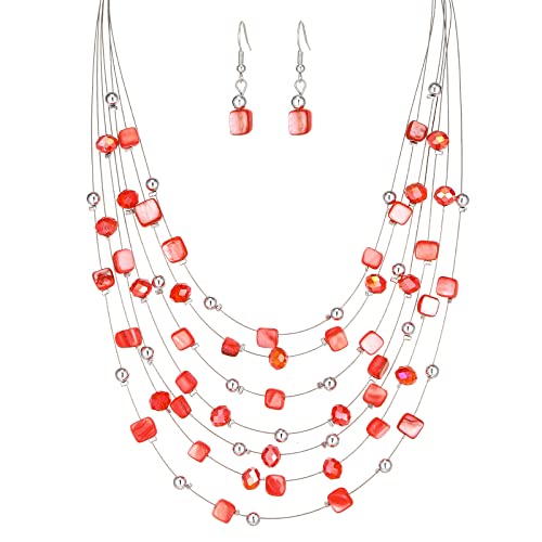 FULU AUTUMN Boho Mehrschichtige Perlenkette Damen Perlen Statement Kette und Ohrringe Set Modeschmuck für Mütter Frau Oma Mode Geschenke(Red) von FULU AUTUMN