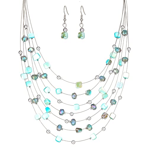 FULU AUTUMN Boho Mehrschichtige Perlenkette Damen Perlen Statement Kette und Ohrringe Set Modeschmuck für Mütter Frau Oma Mode Geschenke(Turquoise) von FULU AUTUMN