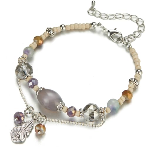 FULU AUTUMN Boho Perlenarmband Damen Kristall Perlen Armband mit Anhänger Boho Modeschmuck Geburtstagsgeschenk für Frauen(73-Beige gray) von FULU AUTUMN