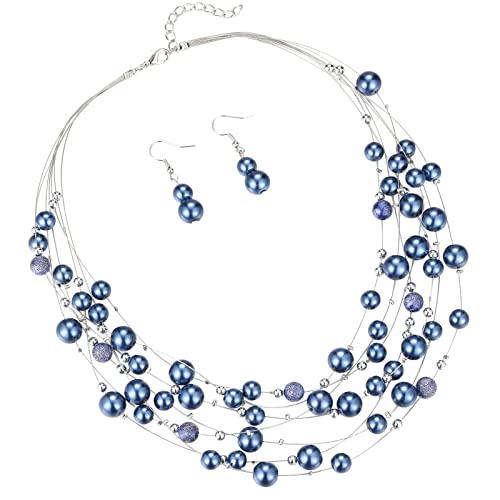 FULU AUTUMN Boho Perlenkette Damen Silber Statement Kette Mehrreihige Modeschmuck Geburtstagsgeschenk für Frauen(37-Blue) von FULU AUTUMN