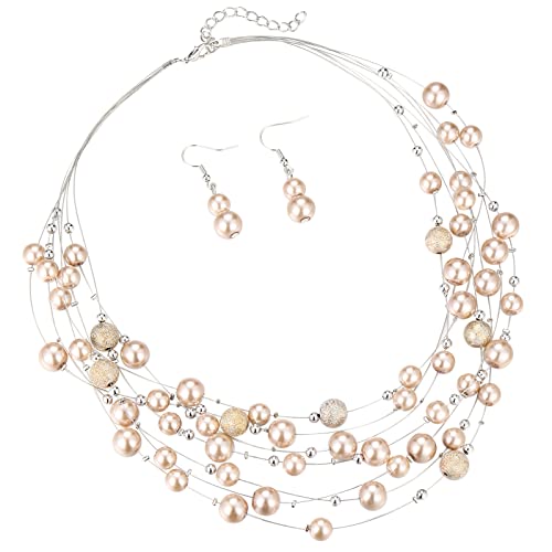 FULU AUTUMN Boho Perlenkette Damen Silber Statement Kette Mehrreihige Modeschmuck Geburtstagsgeschenk für Frauen(37-Champagne) von FULU AUTUMN