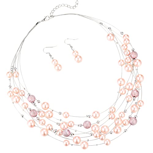FULU AUTUMN Boho Perlenkette Damen Silber Statement Kette Mehrreihige Modeschmuck Geburtstagsgeschenk für Frauen(37-Pink) von FULU AUTUMN