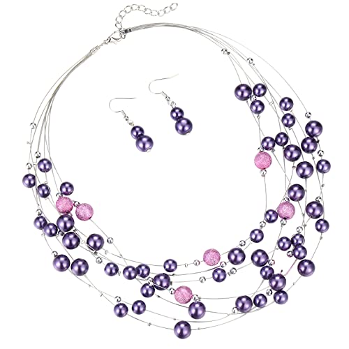 FULU AUTUMN Boho Perlenkette Damen Silber Statement Kette Mehrreihige Modeschmuck Geburtstagsgeschenk für Frauen(37-Purple) von FULU AUTUMN