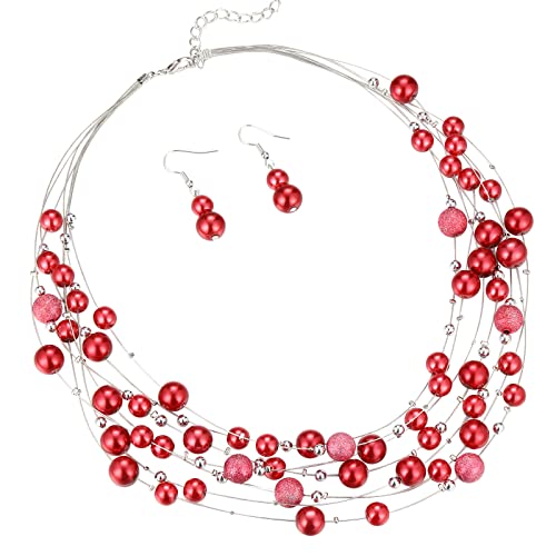 FULU AUTUMN Boho Perlenkette Damen Silber Statement Kette Mehrreihige Modeschmuck Geburtstagsgeschenk für Frauen(37-Red) von FULU AUTUMN