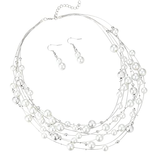 FULU AUTUMN Boho Perlenkette Damen Silber Statement Kette Mehrreihige Modeschmuck Geburtstagsgeschenk für Frauen(37-White) von FULU AUTUMN