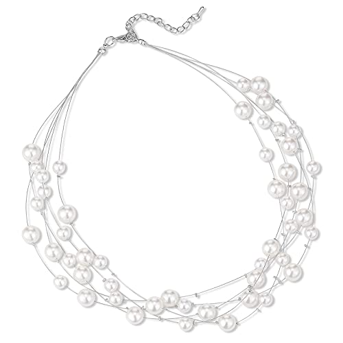 FULU AUTUMN Boho Perlenkette Damen Silber Statement Kette Mehrreihige Modeschmuck Geburtstagsgeschenk für Frauen(White) von FULU AUTUMN