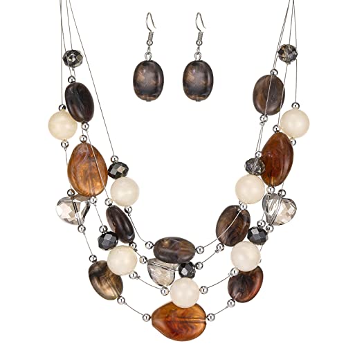 FULU AUTUMN Chunky Statement Kette Damen Mehrreihige Perlenkette und Ohrringe Modeschmuck Set für Frauen Mama Frau Oma Muttertags Geschenk(1-Dark coffee) von FULU AUTUMN