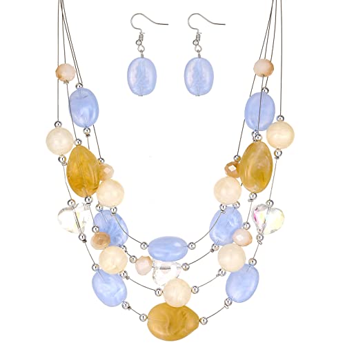 FULU AUTUMN Chunky Statement Kette Damen Mehrreihige Perlenkette und Ohrringe Modeschmuck Set für Frauen Mama Frau Oma Muttertags Geschenk(1-Light blue colorful) von FULU AUTUMN