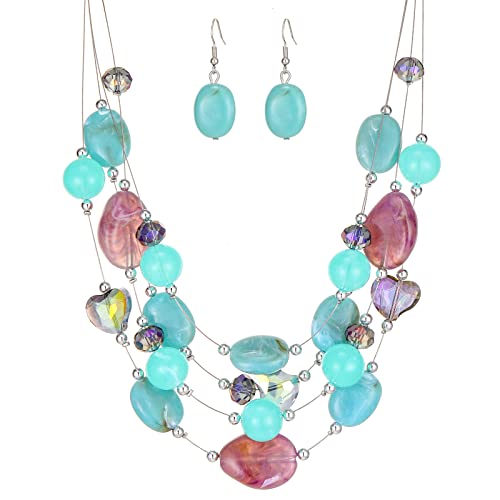 FULU AUTUMN Chunky Statement Kette Damen Mehrreihige Perlenkette und Ohrringe Modeschmuck Set für Frauen Mama Frau Oma Muttertags Geschenk(1-Turquoise colorful) von FULU AUTUMN