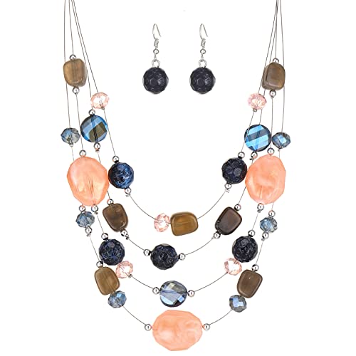 FULU AUTUMN Chunky Statement Kette Damen Mehrreihige Perlenkette und Ohrringe Modeschmuck Set für Frauen Mama Frau Oma Muttertags Geschenk(2-Blue pink colorful) von FULU AUTUMN