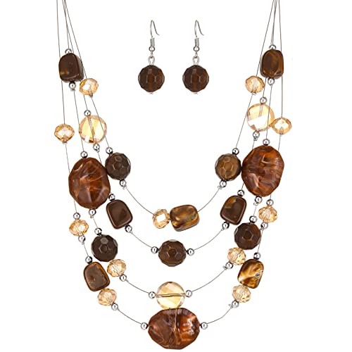 FULU AUTUMN Chunky Statement Kette Damen Mehrreihige Perlenkette und Ohrringe Modeschmuck Set für Frauen Mama Frau Oma Muttertags Geschenk(2-Brown) von FULU AUTUMN