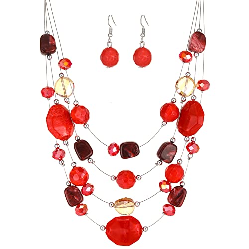 FULU AUTUMN Chunky Statement Kette Damen Mehrreihige Perlenkette und Ohrringe Modeschmuck Set für Frauen Mama Frau Oma Muttertags Geschenk(2-Red) von FULU AUTUMN