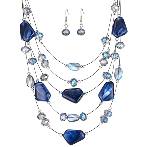 FULU AUTUMN Chunky Statement Kette Damen Mehrreihige Perlenkette und Ohrringe Modeschmuck Set für Frauen Mama Frau Oma Muttertags Geschenk(3-Blue) von FULU AUTUMN