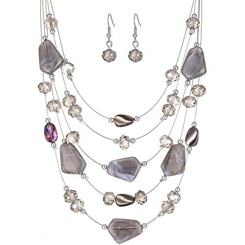 FULU AUTUMN Chunky Statement Kette Damen Mehrreihige Perlenkette und Ohrringe Modeschmuck Set für Frauen Mama Frau Oma Muttertags Geschenk(3-Grey) von FULU AUTUMN