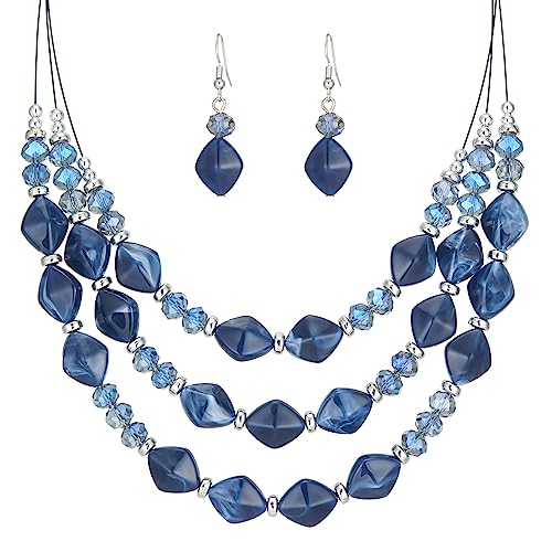 FULU AUTUMN Chunky Statement Perlen Kette und Ohrringe Set Schmuck Set für Damen Valentinstag Geburtstags Geschenk für Frauen(Blue) von FULU AUTUMN