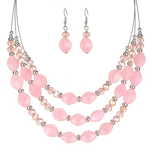 FULU AUTUMN Chunky Statement Perlen Kette und Ohrringe Set Schmuck Set für Damen Valentinstag Geburtstags Geschenk für Frauen(Pink) von FULU AUTUMN