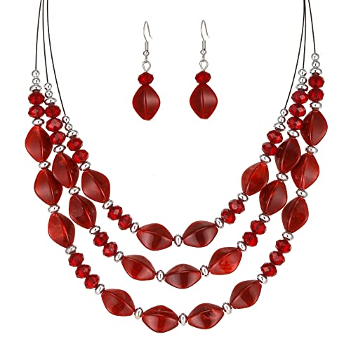 FULU AUTUMN Chunky Statement Perlen Kette und Ohrringe Set Schmuck Set für Damen Valentinstag Geburtstags Geschenk für Frauen(Red) von FULU AUTUMN