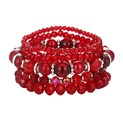 FULU AUTUMN Damen Kristall Perlen Armband Mehrschichtiges Steine Armband Boho Modeschmuck Beste Freundin Geschenke(21-Red) von FULU AUTUMN