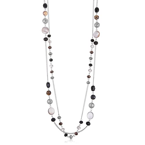 FULU AUTUMN Damen Statement Kette Lange Perlenkette Silber Chain Zwei Strang Modeschmuck Halskette Geburtstagsgeschenk(Black) von FULU AUTUMN