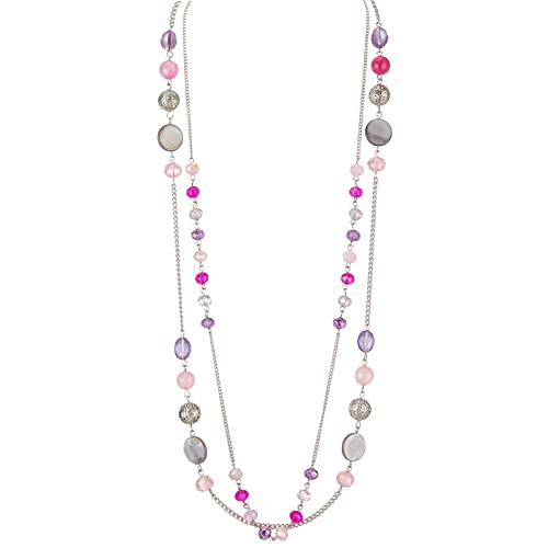 FULU AUTUMN Damen Statement Kette Lange Perlenkette Silber Chain Zwei Strang Modeschmuck Halskette Geburtstagsgeschenk(Hot pink) von FULU AUTUMN