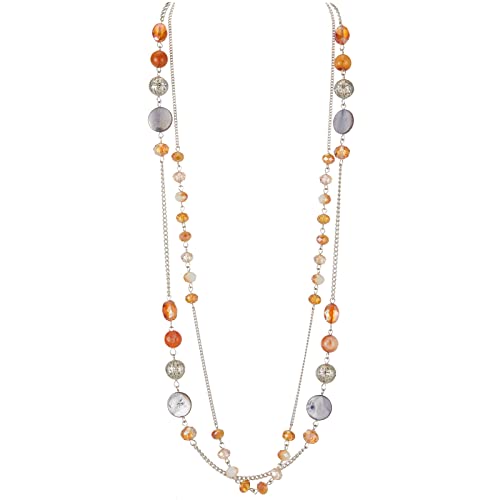 FULU AUTUMN Damen Statement Kette Lange Perlenkette Silber Chain Zwei Strang Modeschmuck Halskette Geburtstagsgeschenk(Orange) von FULU AUTUMN