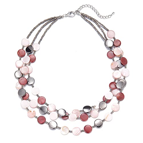 FULU AUTUMN Damen Statement Kette mit Steine Perlen Boho Silber Mehrreihige Kette Modeschmuck Die Besten Geschenke für Mütter(30-Pink) von FULU AUTUMN