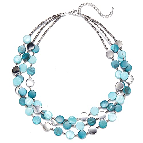 FULU AUTUMN Damen Statement Kette mit Steine Perlen Boho Silber Mehrreihige Kette Modeschmuck Die Besten Geschenke für Mütter(30-Sea green) von FULU AUTUMN