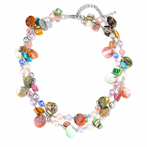 FULU AUTUMN Kristall Perlenkette Boho Muschelkette Damen Statement Bunte Mehrreihige Halskette Modeschmuck Geschenke für Fraue(Colorful) von FULU AUTUMN