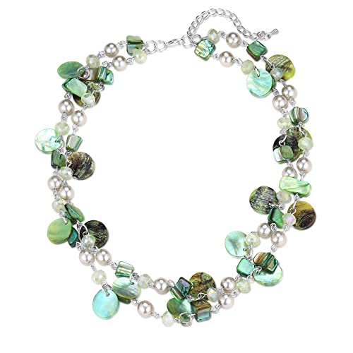 FULU AUTUMN Kristall Perlenkette Boho Muschelkette Damen Statement Bunte Mehrreihige Halskette Modeschmuck Geschenke für Fraue(Green) von FULU AUTUMN